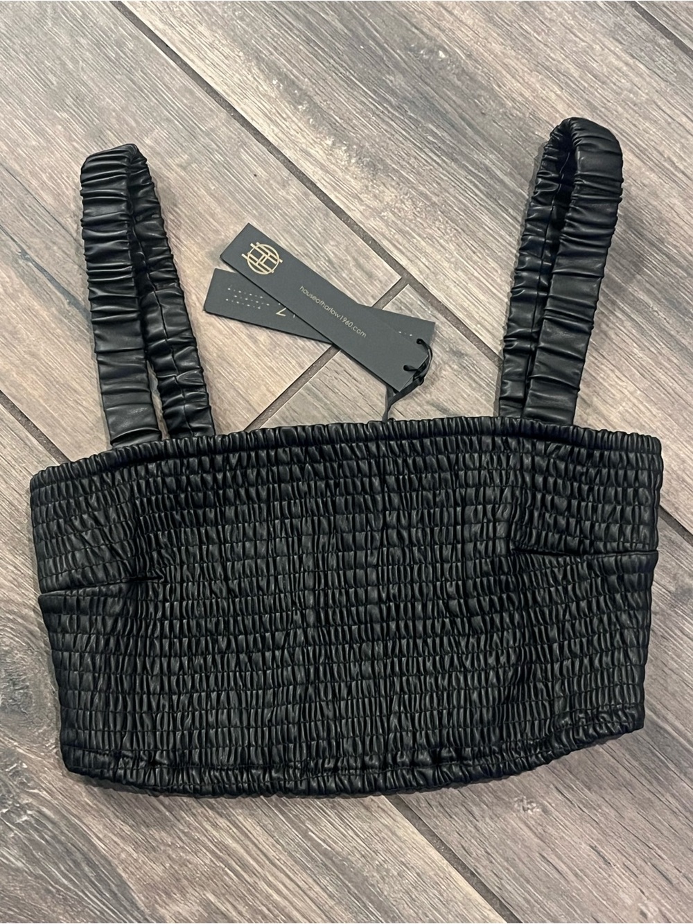 House of Harlow 1960 Black Smocked Faux VeganLeather Crop Top with Ruched Straps